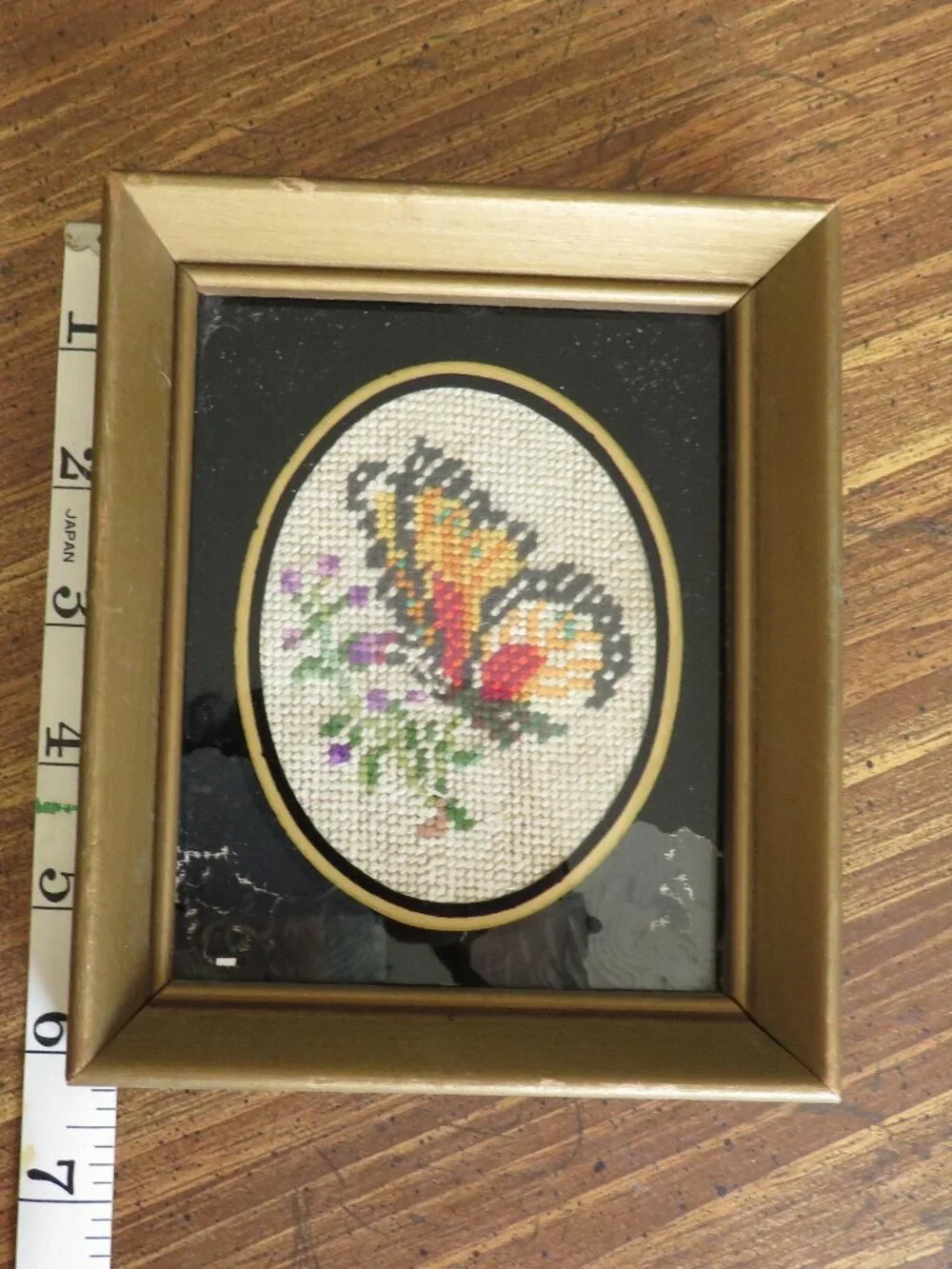Vintage Butterfly Cross‑Stitch Art in Gold Frame – Wall Decor, Handmade